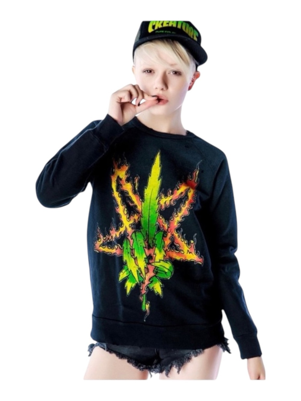 HTF: new UNIF ☻ Burn Me Weed Distressed Sweatshirt ☻ Flames ☻︎ Dirty Black ☻︎ M - Picture 4 of 16